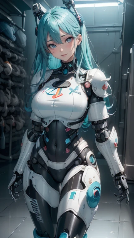 Hatsune Miku Vocaloid, Twin Tails, Light Blue Eyes, Light Blue Hair, Bod ysuit, mecha girl, Cyber punk, Ultimate Physical Beauty, Beautiful Eyes, big breasts, embarrassed look , Bigchest, 8K CG, Top Quality, Best Image Quality,