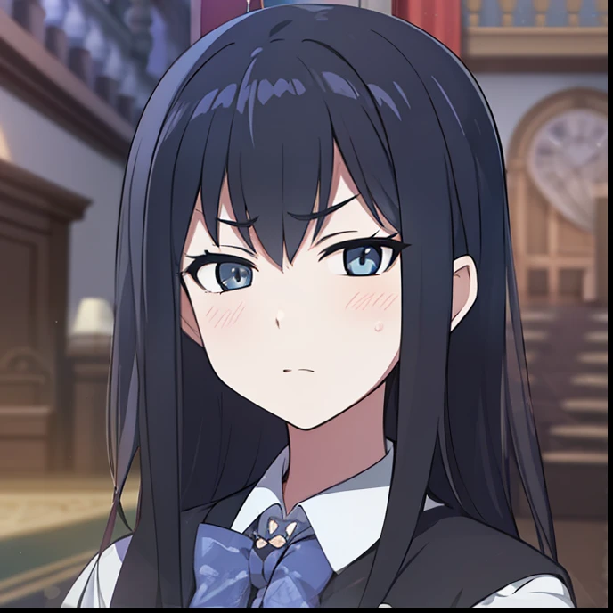 hiquality, tmasterpiece. the anime. (one girls) aristocrat. dark colored hair. gray eyes. Sullen face. Black Collet. white shirt. bow. against the backdrop of the palace room. carpet. ladder. PICTURES. Candlestick. luxury.