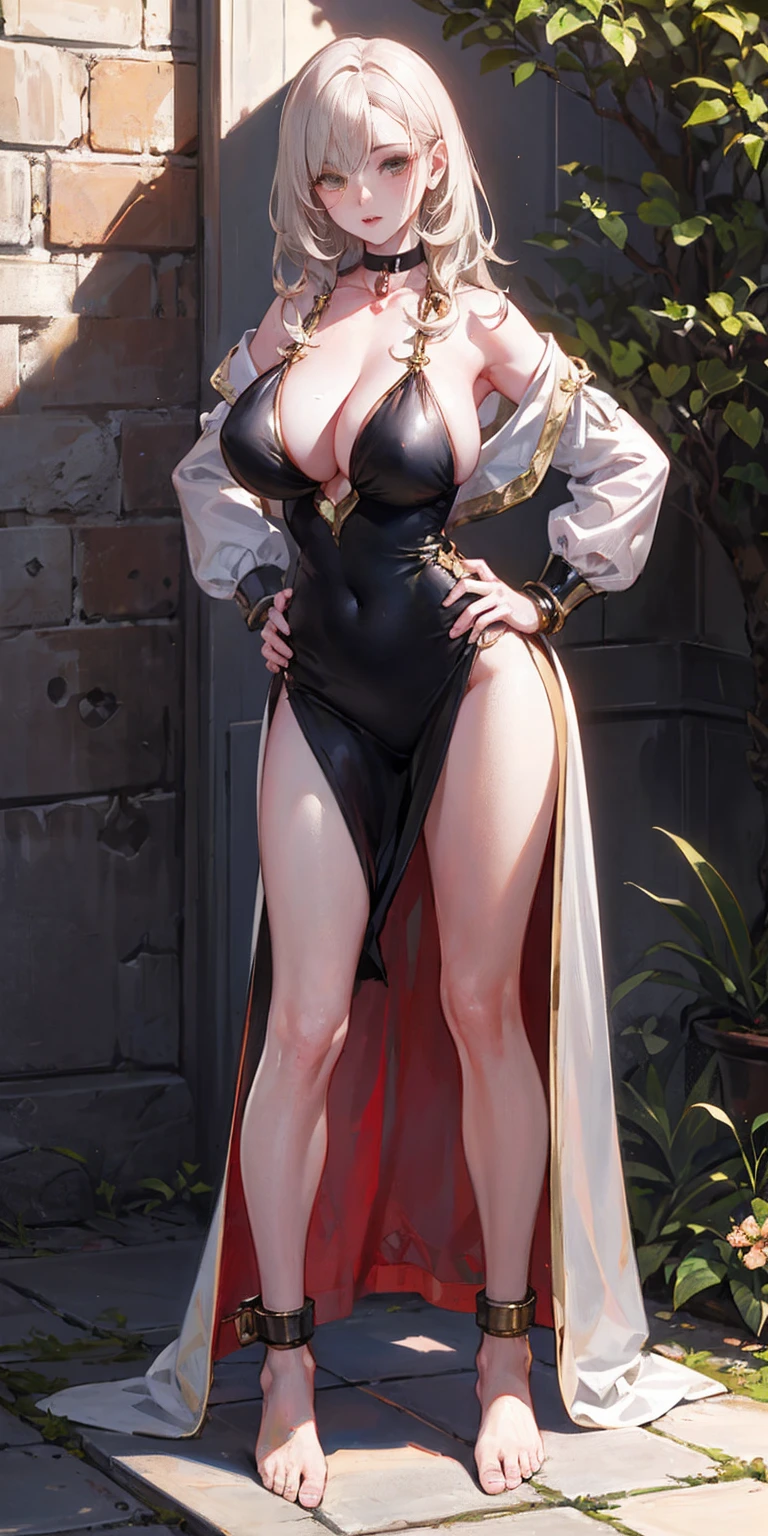 full body, barefoot, solo, female, big breast (realistic portrait of cute mature woman, red skin), linen tunic, fantasy village, armor,  Handcuffs on their hands, With a collar around the neck,  hands on hips,  slave, ((black choker, shackles on legs and arms))