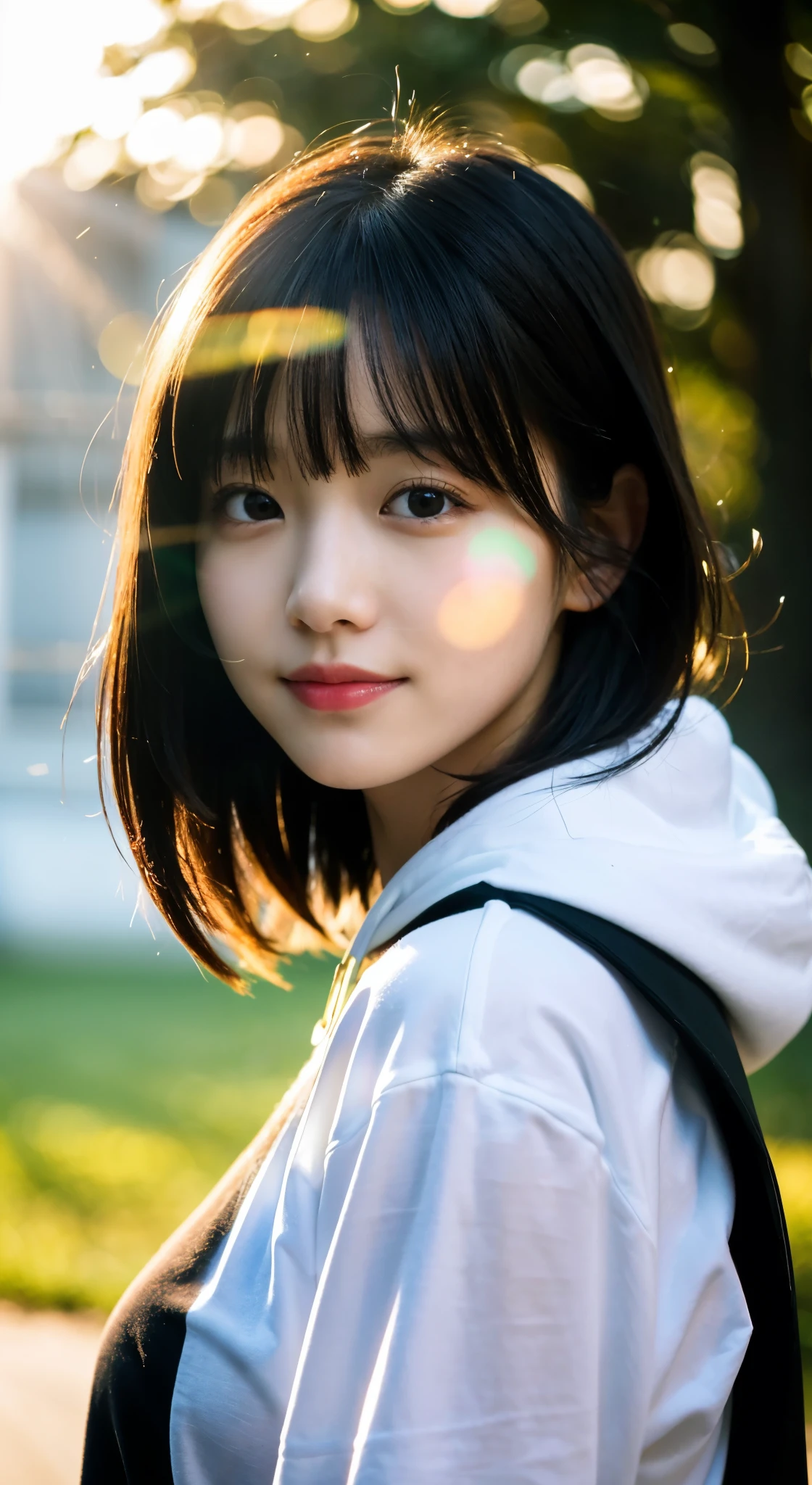 (top-quality,masterpiece:1.Photoreal Stick:1.4,RAW shooting),(facing front),(Bust-up shot:1.1),(Intense sunlight:1.4),(The whole thing looks white and hazy:1.3),(Strong sunlight spreads across the screen:1.4),(blur the girl white),(A smiling girl looks at me),Black hair short bob,black hoodie shirt,(blur backgroun:1.4),Close-up of the face,Face Focus,front lit:1.3