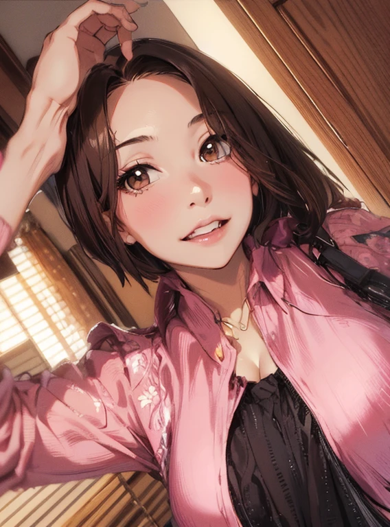 Beautiful girl, smile, short hair, bust up, open chest clothes, pants, glossy skin, cleavage, poses that show off cleavage, sexy,, brown eyes, pink shirt