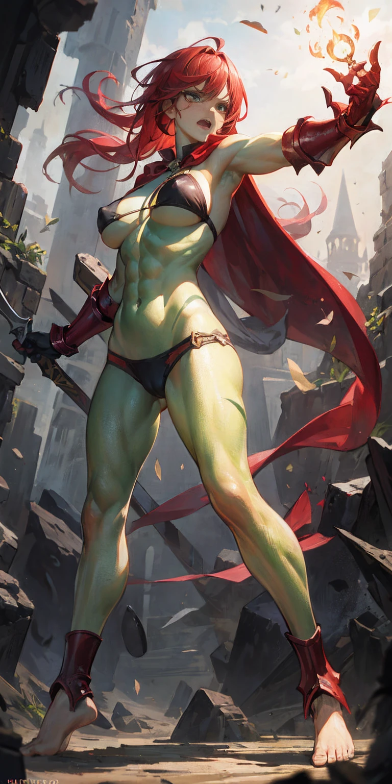 full body, barefoot, solo, female (1 muscular beauty female,warrior,half orc, humanoid,green skin, messy red hair,scar:1.2),large breasts, fantasy world, medieval, cave, mining operation, fortifications, (micro leather bra, threatening armor, leg guard, gauntlets:1.2), red cape,dynamic fighting pose,dynamic angle,cameltoe,angry,(holding weapon:1.2), erected nipples