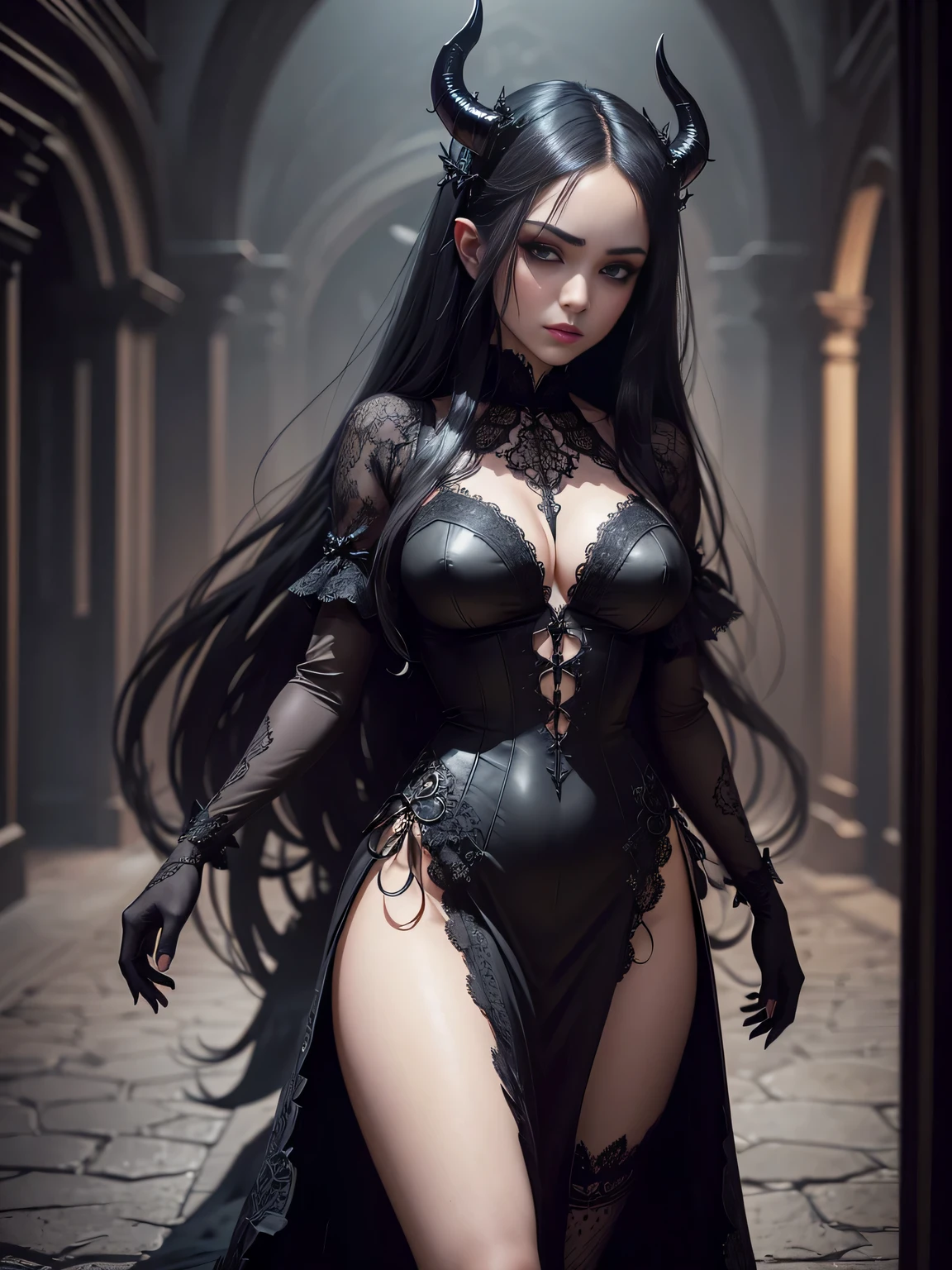 ((intricate details)),dark fantasy (/style/), gloomy atmoshere, (beautiful succubus girl, long hair), (sexy black lace outfit), (horny expression), sharp focus, cinematic, (walking pose, dynamic pose), trending on artstation, (majestic oil painting