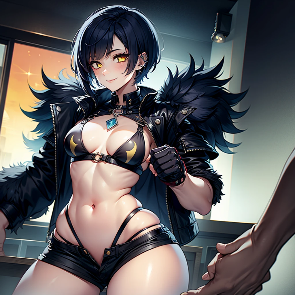 (((1 girl))) (with blue short hair), voluptuous body, (yellow eyes with slit pupils), piercings, a cute smile, perfect hands, medium chest wearing punk clothes and shorts, best quality, high quality, super detailed, masterpiece, anatomically correct