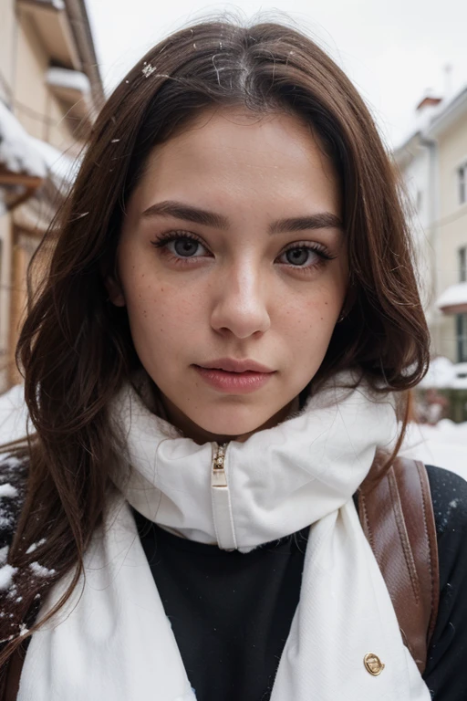 ((best quality)), ((masterpiece)), (detailed), perfect face realistic photo of beautiful woman with long dark brown hair, Russian, influencer, light freckles, dark brown eyes, big lips, no makeup, instagram, in a snow, wearong sexy ski suit