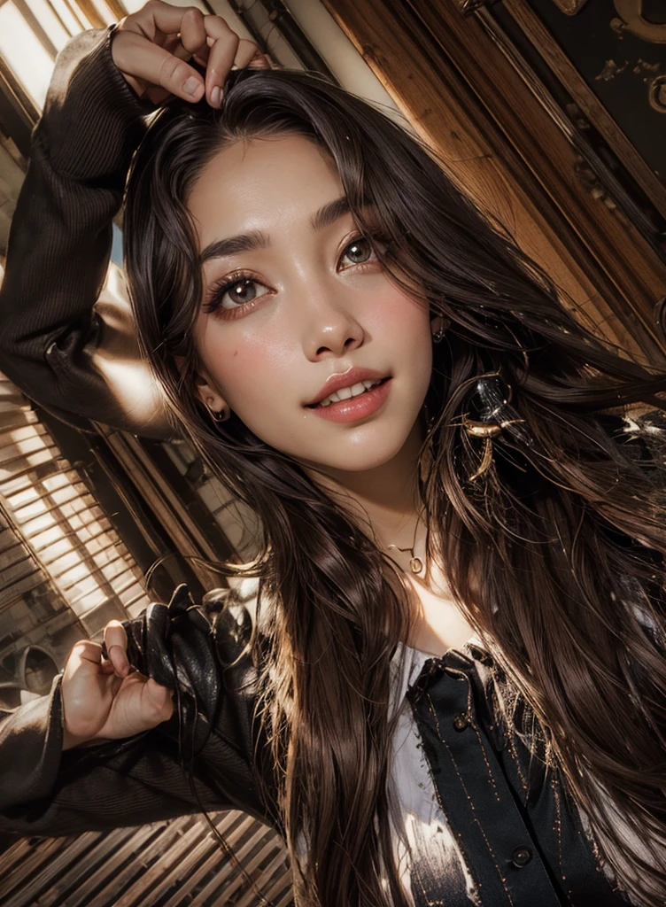 Beautiful girl, smile, short hair, bust up, open chest clothes, pants, glossy skin, cleavage, poses that show off cleavage, sexy,, brown eyes, white shirt