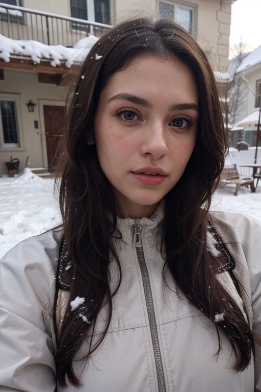((best quality)), ((masterpiece)), (detailed), perfect face realistic photo of beautiful woman with long dark brown hair, Russian, influencer, light freckles, dark brown eyes, big lips, no makeup, instagram, in a snow, wearing sexy ski suit