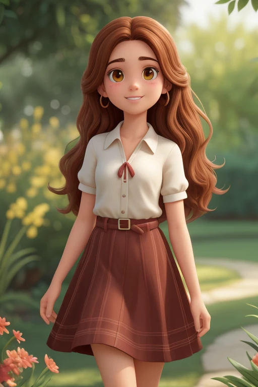 (La mejor calidad,4k,8k,Altas Resoluciones,Obra maestra:1.2), 8 anios de edad,long chestnut brown hair,Cara redonda,ojos marrones elaborados,Labios elaborados y encantadores.,sonrisa encantadora,extremadamente detallado,Expressive facial expression,vista frontal,Lonely girl in a lush green garden,Optics,Verano Radiante,gentle breeze,Paisaje sereno,a moment of pure relaxation,colores vibrantes,Suave, natural lighting,efecto bokeh suave,oil painting style,Romantic inspiration,Claridad y nitidez excepcionales al estilo PIXAR. Acompaniada de un gato blanco con manchas negras
