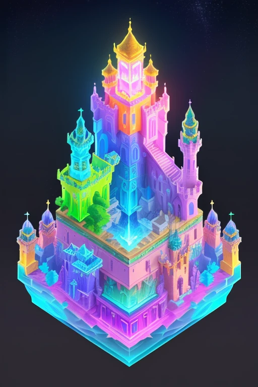 Transparent castle close-up，There is treasure on it, isometric view of a wizard tower, isometric palace, cyberpunk castle, Isometric 3D fantasy, colourful biomorphic temple, intricate rainbow environment, Floating palace, Neon ancient ruins, isometric island in the sky, Cloud Palace, Sacred City | illustration, colorful concept art, incredible isometric screenshot