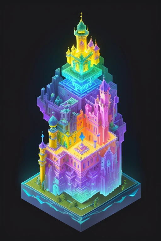 Transparent castle close-up,There is treasure on it, isometric view of a wizard tower, isometric palace, cyberpunk castle, Isometric 3D fantasy, colourful biomorphic temple, intricate rainbow environment, Floating palace, Neon ancient ruins, isometric island in the sky, Cloud Palace, Sacred City | illustration, colorful concept art, incredible isometric screenshot