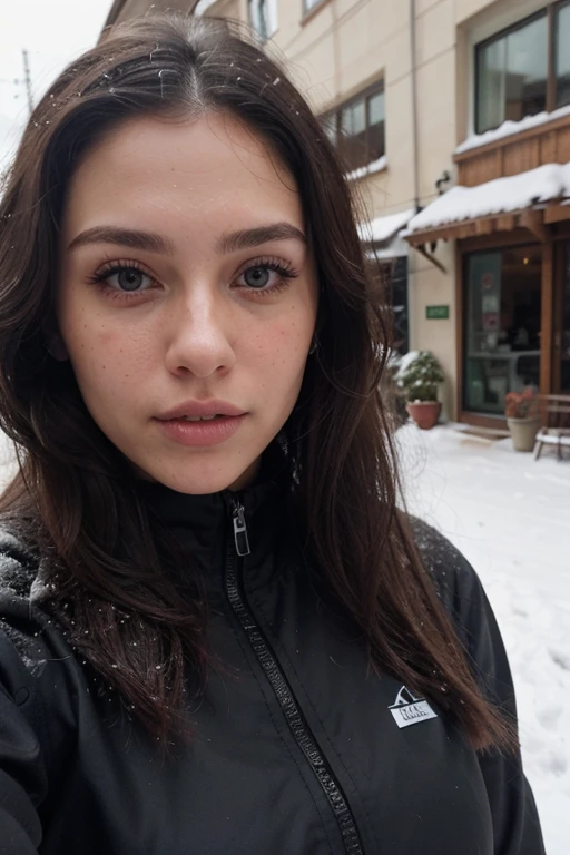 ((best quality)), ((masterpiece)), (detailed), perfect face realistic photo of beautiful woman with long dark brown hair, Russian, influencer, light freckles, dark brown eyes, big lips, no makeup, instagram, in a snow, wearing sexy black ski suit