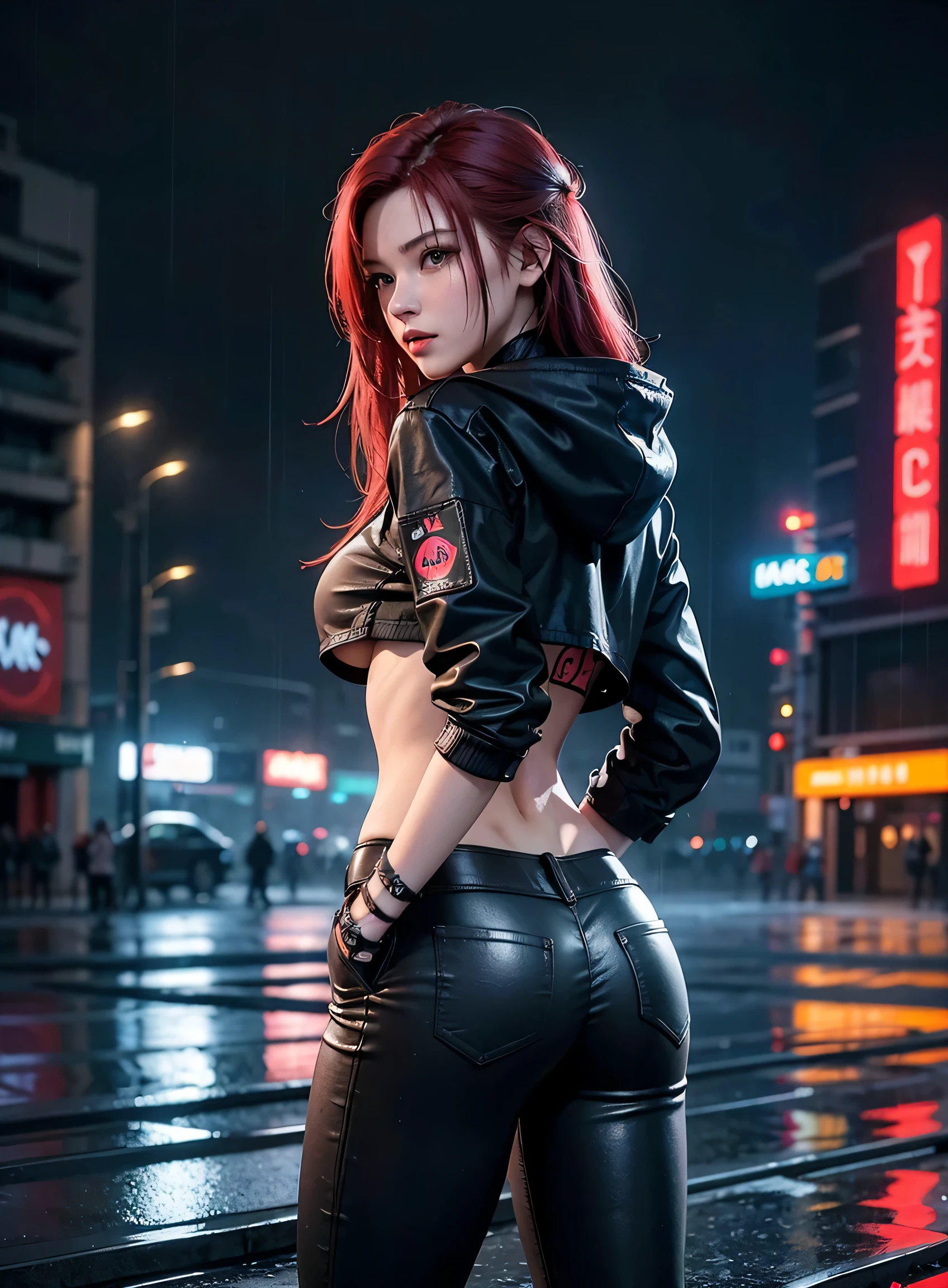 1 girl, solamente, (NSFW), Cute 18-year-old red-haired girl with two tails, ((cuerpo femenino perfecto)), (Maquillaje de cara linda), multiple (cabello color arco iris: 1.2), (Hermosos ojos azules detallados: 1.6), (Ojos fotorrealistas: 1.6), feliz, Ucraniano, (Small body), ((small  hips)), white pale skin, (Mini falda y top tubular), (pantimedias finas: 1.6), (("TRON LEGACY ciudad futurista" fondo de estilo)), (Noche:1.2), Foto realista.
