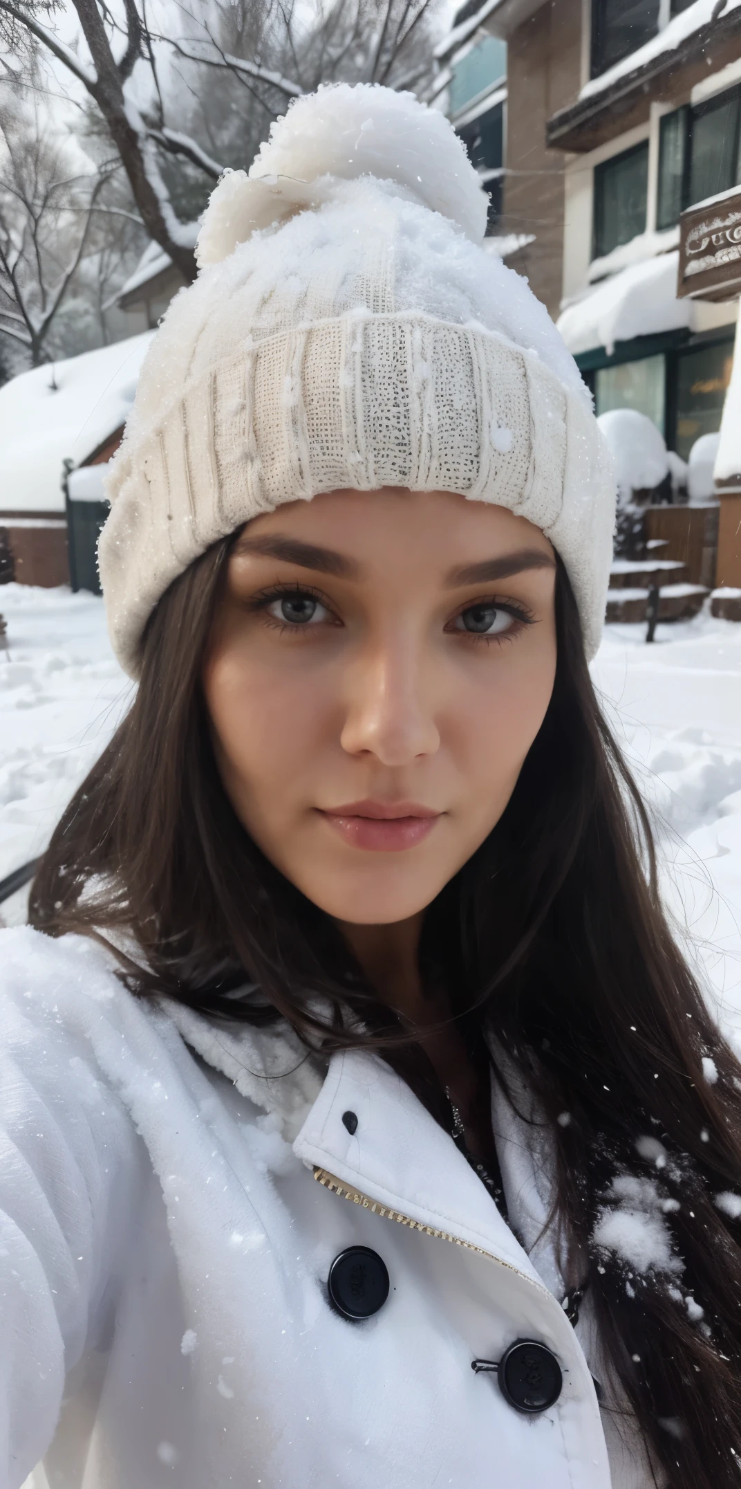 Allie dunn dark hair wearing hat cold snow hyperrealistic texture selfie style shot