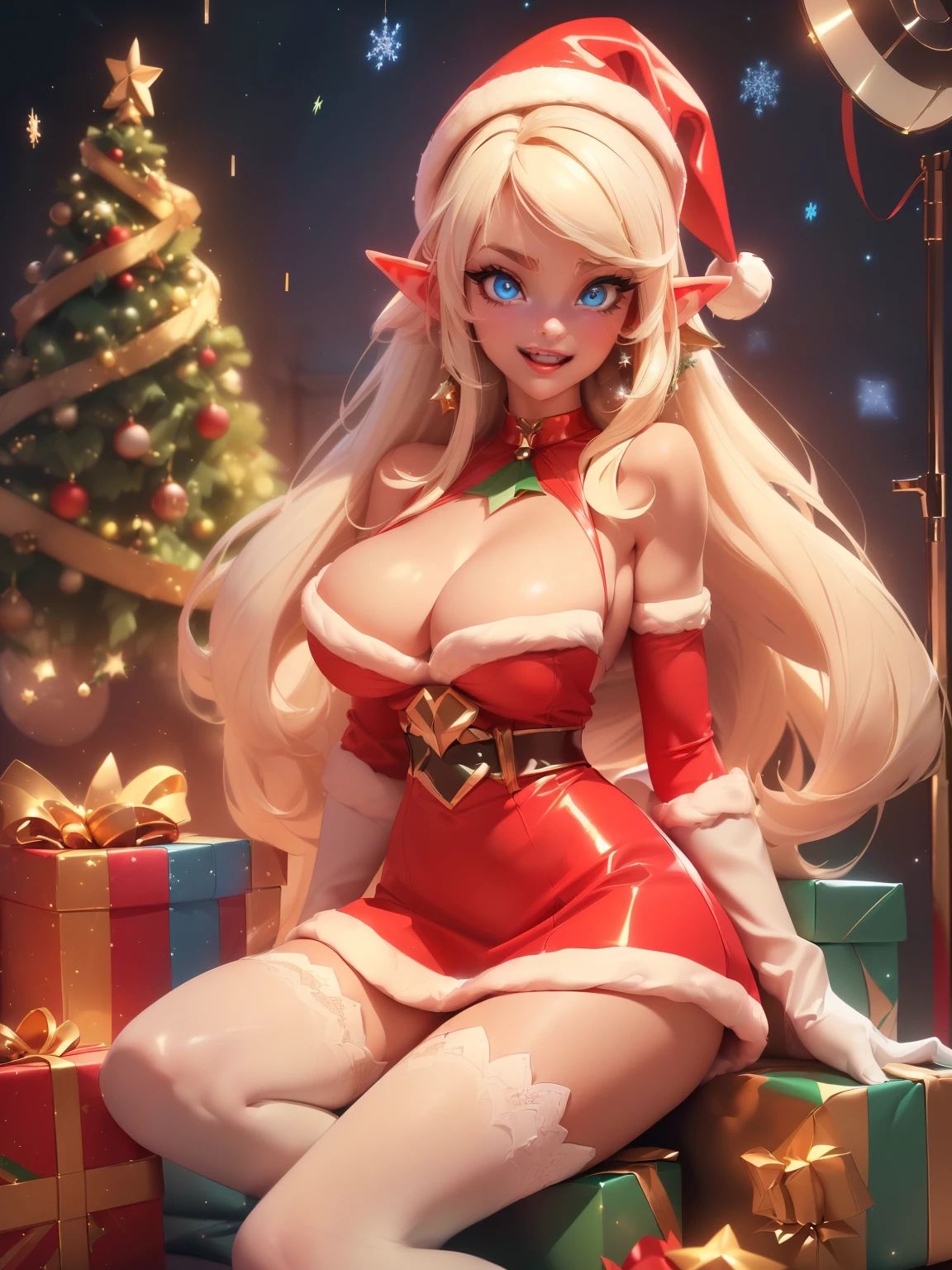((sit on floor alongside christmas tree without underwear)) ((tall beautiful female elf santa claus helper)) ((Big bright blue eyes)), ((elf ears)) ((dark eyeshadows make up)) ((bright red lipstick)), ((happy smile)) ((very long platinum blonde hair with bangs covering one eye)) ((huge beauty shape breasts:1.6)) ((perfect slender body:1.3)) ((wears red strappless christmas dress short skirt, gloves and long socks)) ((choker, christmas hat)) ((sexy pose)) ((inside photo studio with lights reflectors on her)) ((christmas decoration, many gift box on display)), ((high definition:1.5), ((amazing lights and shadows)) ((masterpiece:1.5))((8k:1.5)) ((Best quality:1.4))