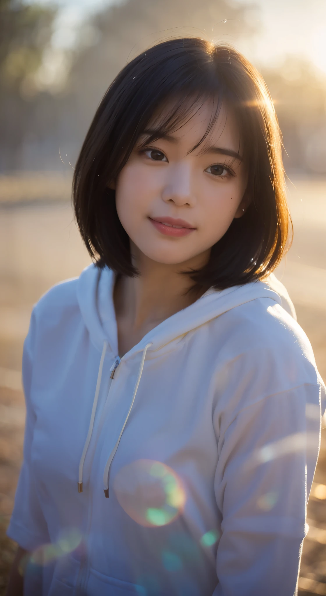 (masterpiece,Photorealsitic:1.4,RAW shooting),(facing front),(Bust-up shot:1.1),(Intense sunlight:1.4),(sunlight pouring down from above:1.1),(The whole thing looks white and hazy:1.4),(Strong sunlight spreads across the screen:1.4),(A smiling girl looks at me),Black hair short bob,black hoodie shirt,(blur backgroun:1.4),Close-up of the face,Face Focus,front lit:1.3,(Shoot with blur:1.4),(fog the lens)