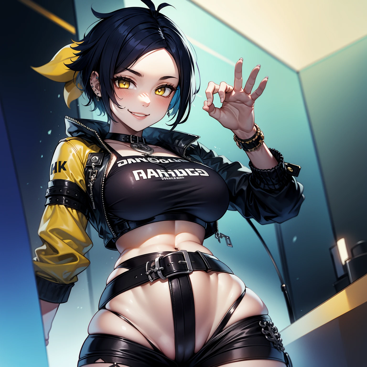 (((1 girl))) (with blue short hair), voluptuous body, (yellow eyes with slit pupils), piercings, a cute smile, perfect hands, wearing punk clothes and tight shorts, best quality, high quality, super detailed, masterpiece, anatomically correct