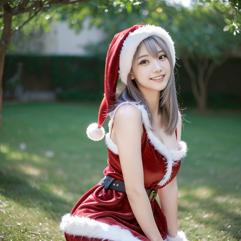 tre anatomically correct,Masterpiece of,High image quality,(Red costume),((Cute Santa Claus costumes:1.5)),(The material of the costume is fine velvet:1.4), (The white fur part of the costume is mink, Accentuate the fluffiness:1.4),(Random posture:1.4),Professional Lighting,((Natural smile)),The ultra-detailliert,High quality textures,High quality shadows,depth of fields,Ray traching,Christmasの雰囲気たっぷりの店内,Christmasツリー, Christmas,Fun atmosphere,Twinkling lights,soft snowflakes fall,Cozy,romantic,Cheerful,breathtaking scenery,Warmth,Happiness,Magical,Holiday spirit, Ultra-realistic capture, Highly detailed, 人間の皮膚のhight resolution16kクローズアップ,Skin texture must be natural, Detailed enough to finely identify pores. Skin should look healthy, In a uniform tone. Use natural light and color,(Best Quality,4K,8K,hight resolution,masutepiece:1.2),Ultra-detailed,extremely detailed eye and face,Beautiful detailed eyes,Beautiful detailed lips,long eyelashes,((Realistic)),Photorealistic:1.37,japanes,fine-grained white skin,beautiful and magnificent composition,masutepiece,Attractive,Cute,silky smooth and straight hair,Sharp Focus,Natural smile,(with round face),((healthy thigh body photo)),(Full-body photography from a distance:1.4),((Silver hair color)),
