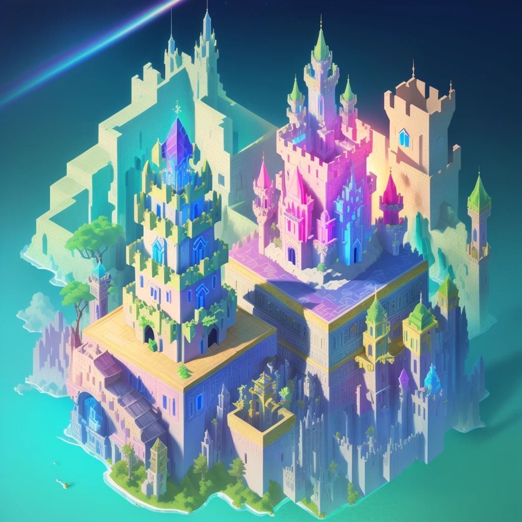 Transparent castle close-up,There is treasure on it, isometric view of a wizard tower, isometric palace, cyberpunk castle, Isometric 3D fantasy, colourful biomorphic temple, intricate rainbow environment, Floating palace, Neon ancient ruins, isometric island in the sky, Cloud Palace, Sacred City | illustration, colorful concept art, incredible isometric screenshot