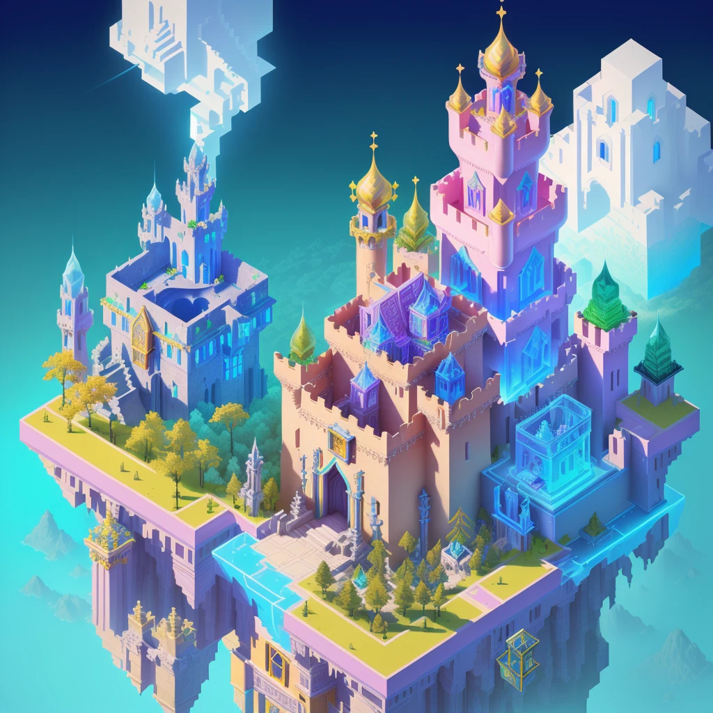 Transparent castle close-up，There is treasure on it, isometric view of a wizard tower, isometric palace, cyberpunk castle, Isometric 3D fantasy, colourful biomorphic temple, intricate rainbow environment, Floating palace, Neon ancient ruins, isometric island in the sky, Cloud Palace, Sacred City | illustration, colorful concept art, incredible isometric screenshot