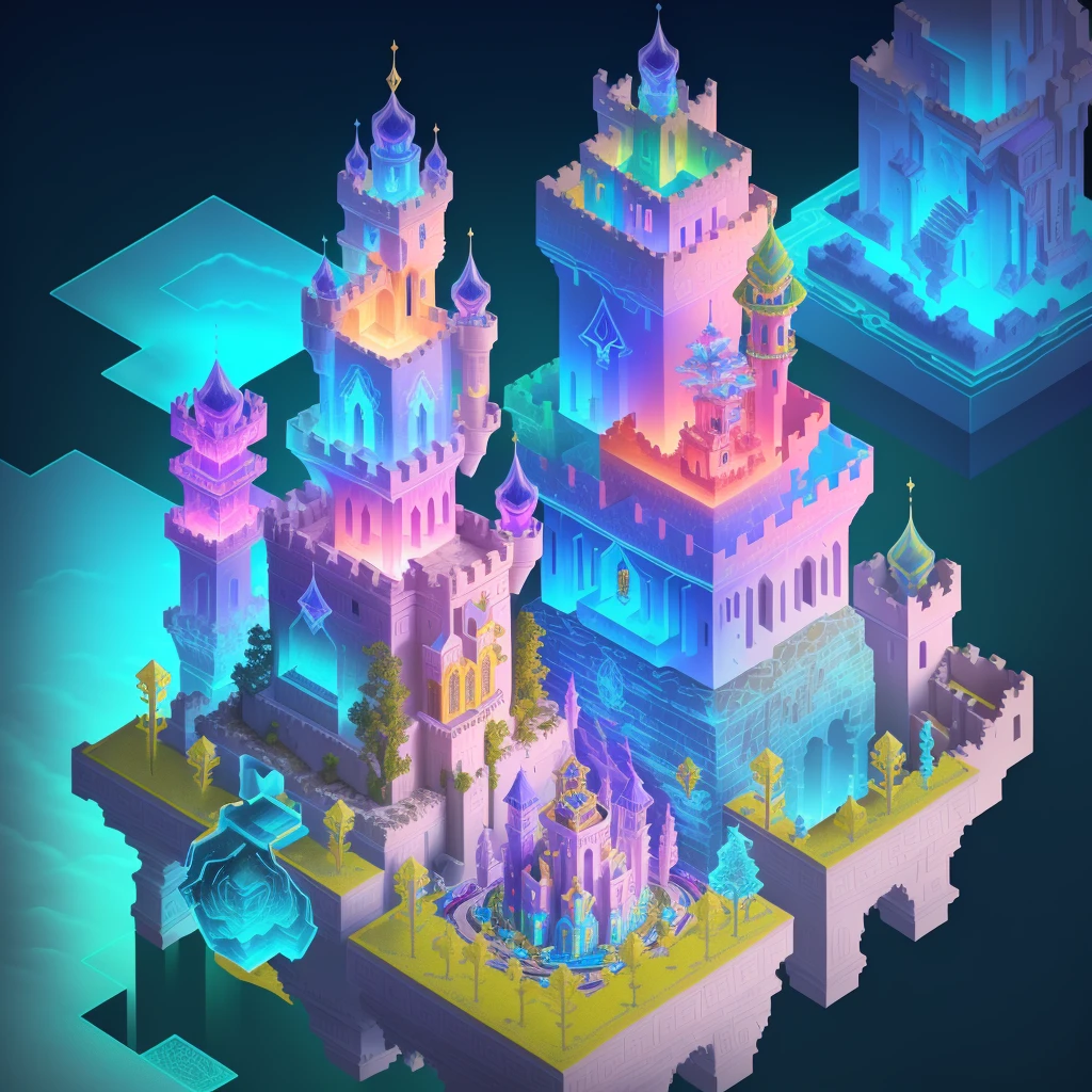 Transparent castle close-up,There is treasure on it, isometric view of a wizard tower, isometric palace, cyberpunk castle, Isometric 3D fantasy, colourful biomorphic temple, intricate rainbow environment, Floating palace, Neon ancient ruins, isometric island in the sky, Cloud Palace, Sacred City | illustration, colorful concept art, incredible isometric screenshot