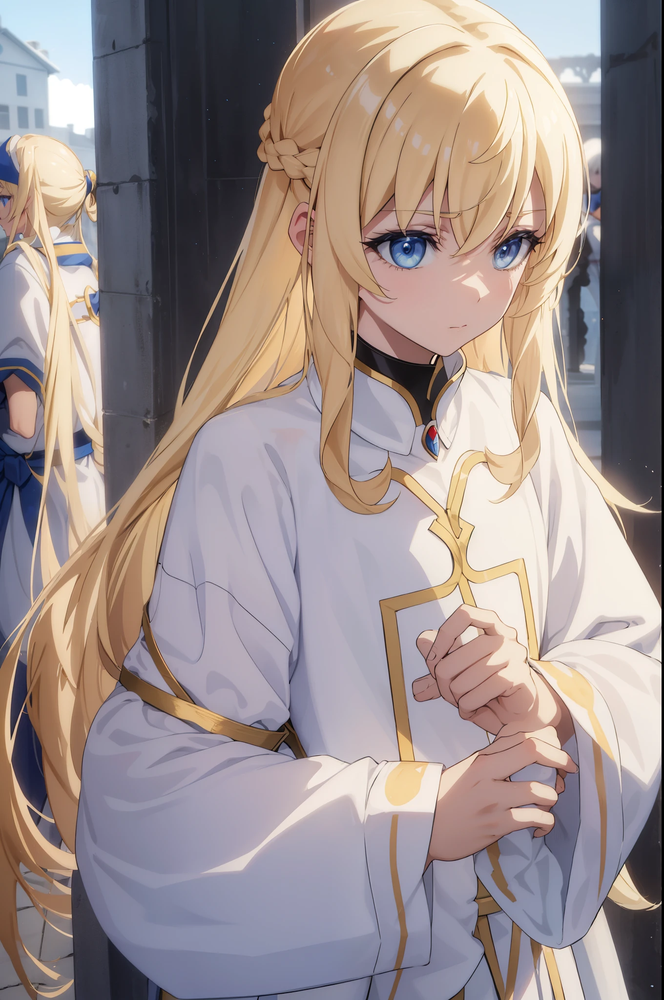 priestess, blonde hair, blue eyes, long hair, hair between eyes,((tied wrists)),(collar), (leash)