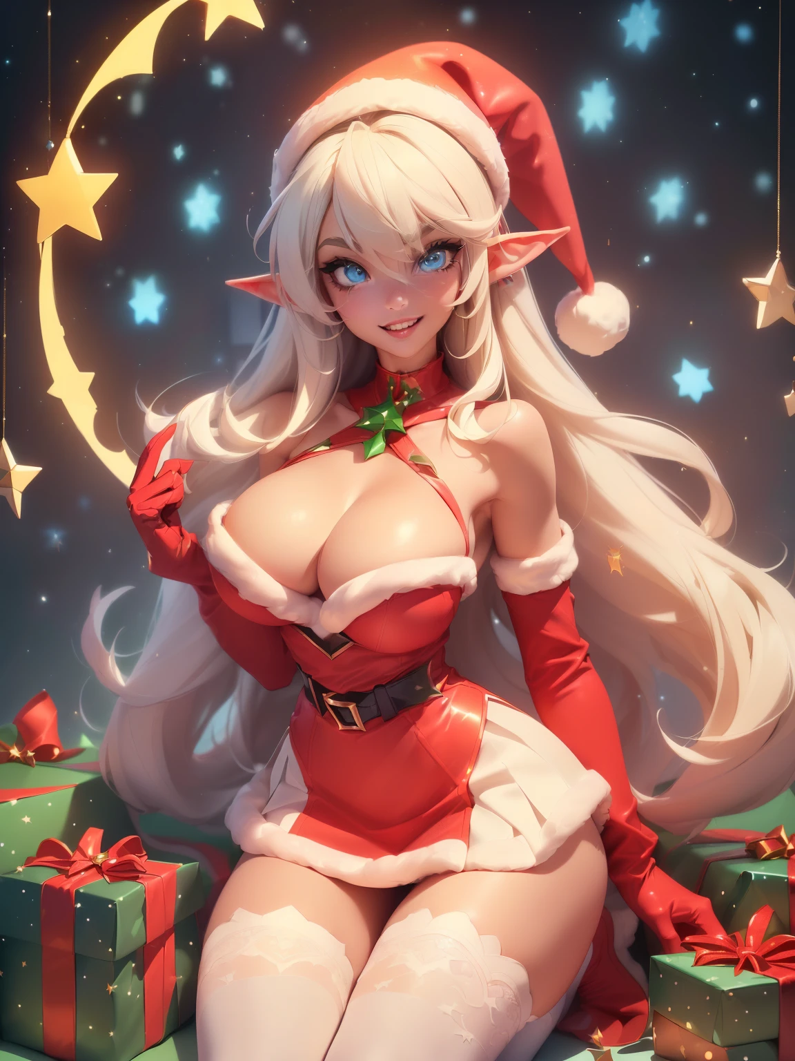 ((kneel down on floor alongside christmas tree without underwear)) ((tall beautiful female elf santa claus helper)) ((Big bright blue eyes)), ((elf ears)) ((dark eyeshadows make up)) ((bright red lipstick)), ((happy smile)) ((very long platinum blonde hair with bangs covering one eye)) ((huge beauty shape breasts:1.6)) ((perfect slender body:1.3)) ((wears red strappless christmas dress short skirt, gloves and long socks)) ((choker, christmas hat)) ((sexy pose)) ((inside photo studio with lights reflectors on her)) ((christmas decoration, many gift box on display)), ((high definition:1.5), ((amazing lights and shadows)) ((masterpiece:1.5))((8k:1.5)) ((Best quality:1.4))