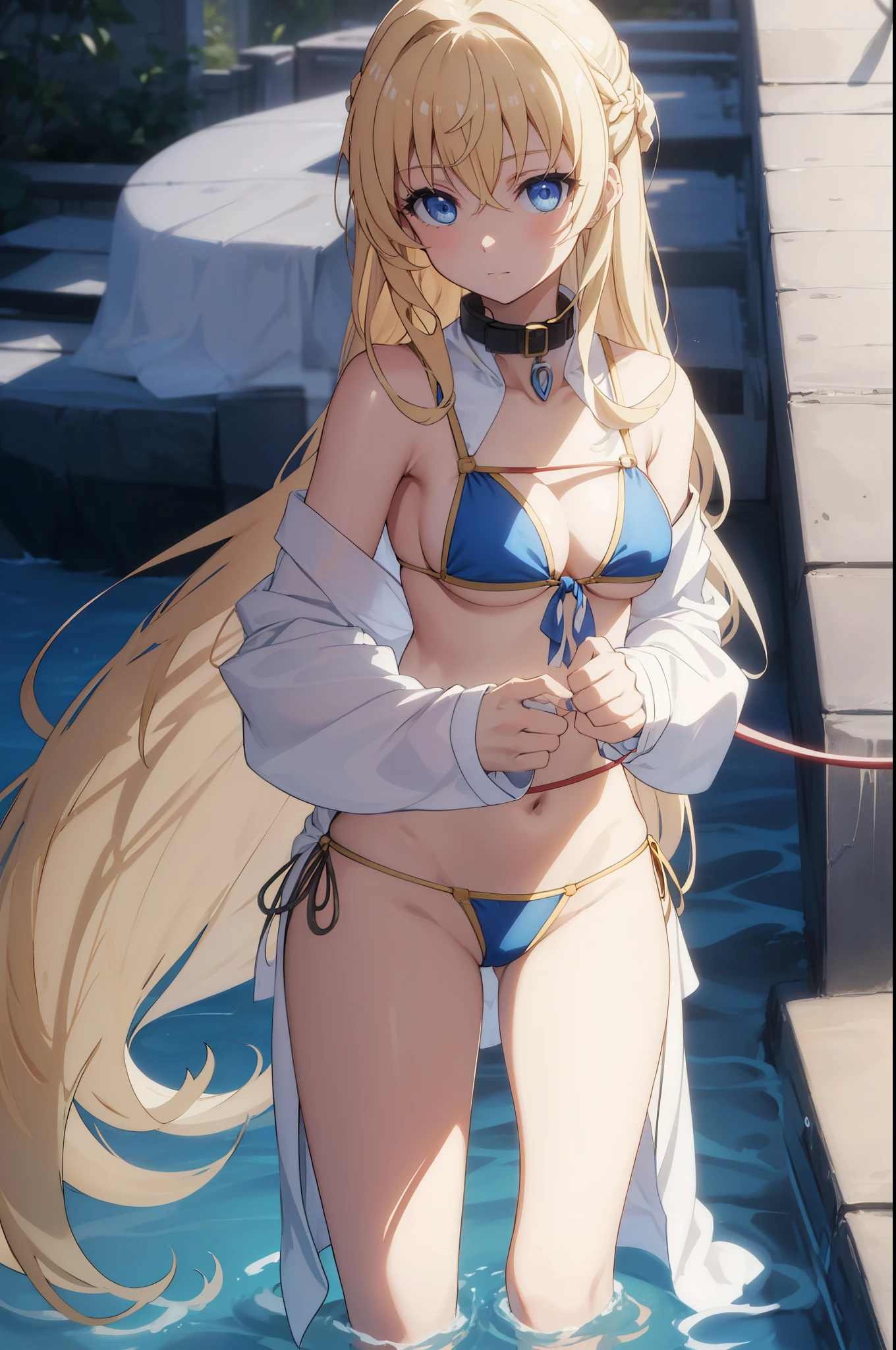 priestess, blonde hair, blue eyes, long hair, hair between eyes,((bikini)),((tied wrists)),(collar), (leash)