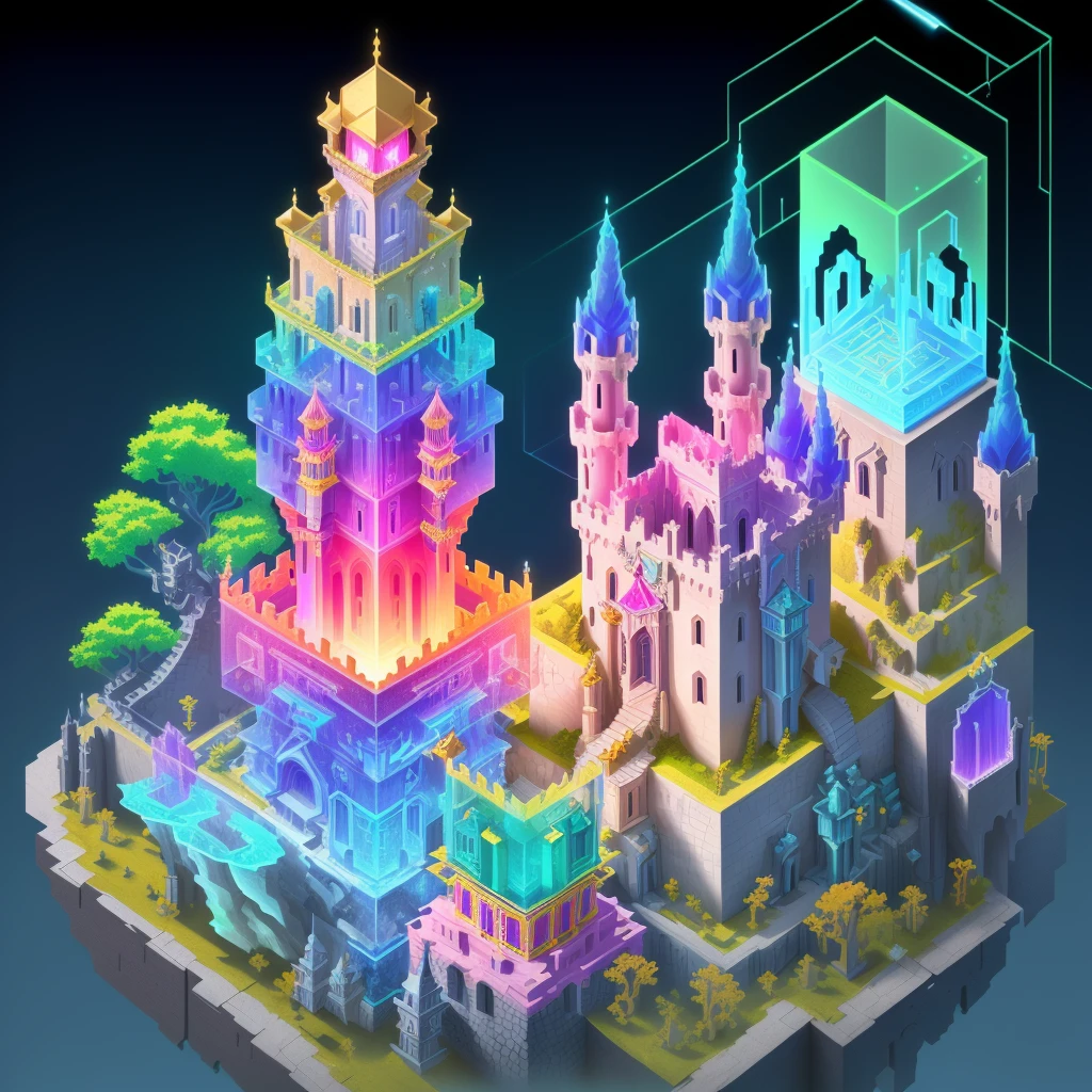Transparent castle close-up,There is treasure on it, isometric view of a wizard tower, isometric palace, cyberpunk castle, Isometric 3D fantasy, colourful biomorphic temple, intricate rainbow environment, Floating palace, Neon ancient ruins, isometric island in the sky, Cloud Palace, Sacred City | illustration, colorful concept art, incredible isometric screenshot