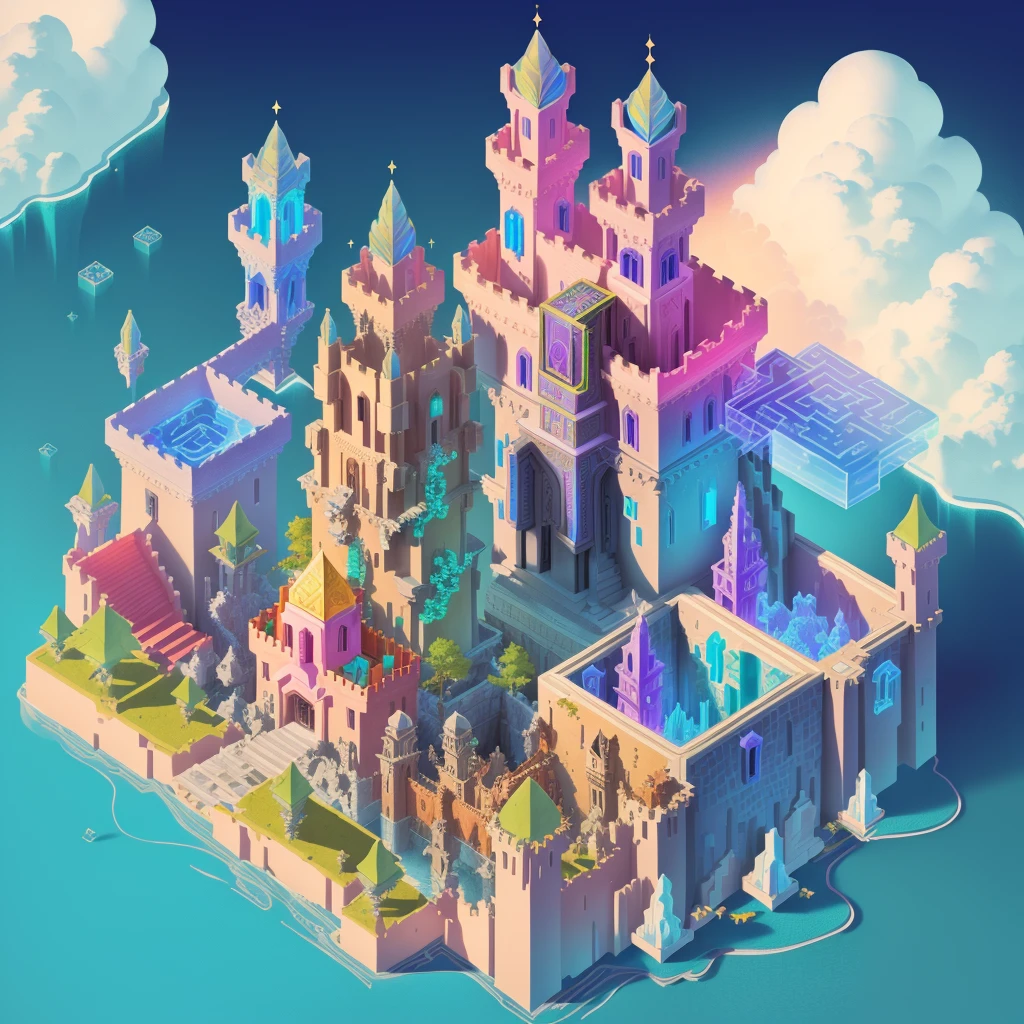 Transparent castle close-up，There is treasure on it, isometric view of a wizard tower, isometric palace, cyberpunk castle, Isometric 3D fantasy, colourful biomorphic temple, intricate rainbow environment, Floating palace, Neon ancient ruins, isometric island in the sky, Cloud Palace, Sacred City | illustration, colorful concept art, incredible isometric screenshot