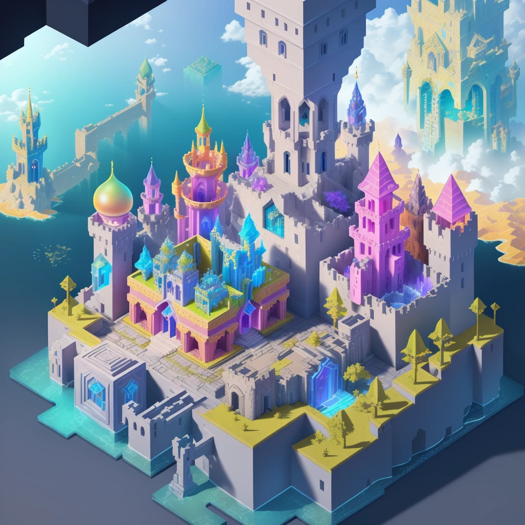 Transparent castle close-up,There is treasure on it, isometric view of a wizard tower, isometric palace, cyberpunk castle, Isometric 3D fantasy, colourful biomorphic temple, intricate rainbow environment, Floating palace, Neon ancient ruins, isometric island in the sky, Cloud Palace, Sacred City | illustration, colorful concept art, incredible isometric screenshot