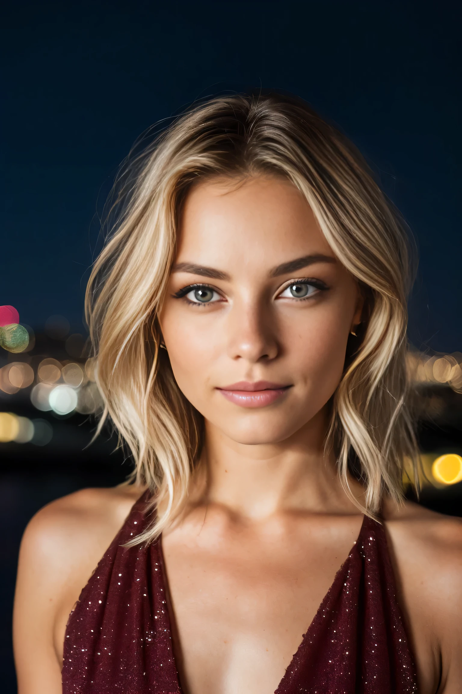 RAW uhd closeup portrait of a 24-year-old blonde, natural blonde hair, locks, wavy, (brown-eyed woman) in an apartment, new york background, night starry sky, ,breasts naturai, city night background, (red summer dress), (neckline), detailed (textures!, hair!, brightness, color!, imperfections:1.1), highly detailed bright eyes, (looking at the camera), specular lighting, dslr, ultra quality, sharp focus, sharp, dof, film grain, (centered), Fujifilm XT3, crystal clear, center of frame, cute face, sharp focus, light pole, neon lights, bokeh, (dimly lit), low key, at night, (night sky)