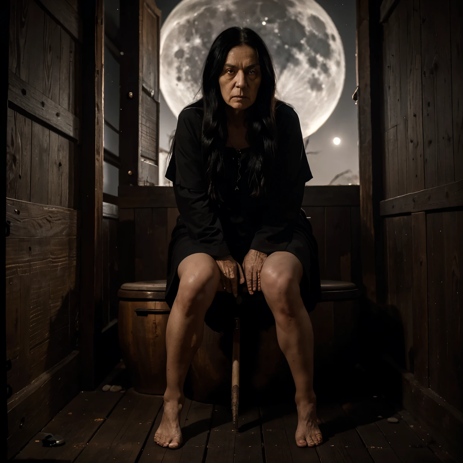 Polychrome, 1 scary old woman, Night, Dark, long black hair, Looking at the viewer, full body, facing viewer, limited palette, full moon background, beside old wooden toilet, glowing, full body and Her leg is crooked,