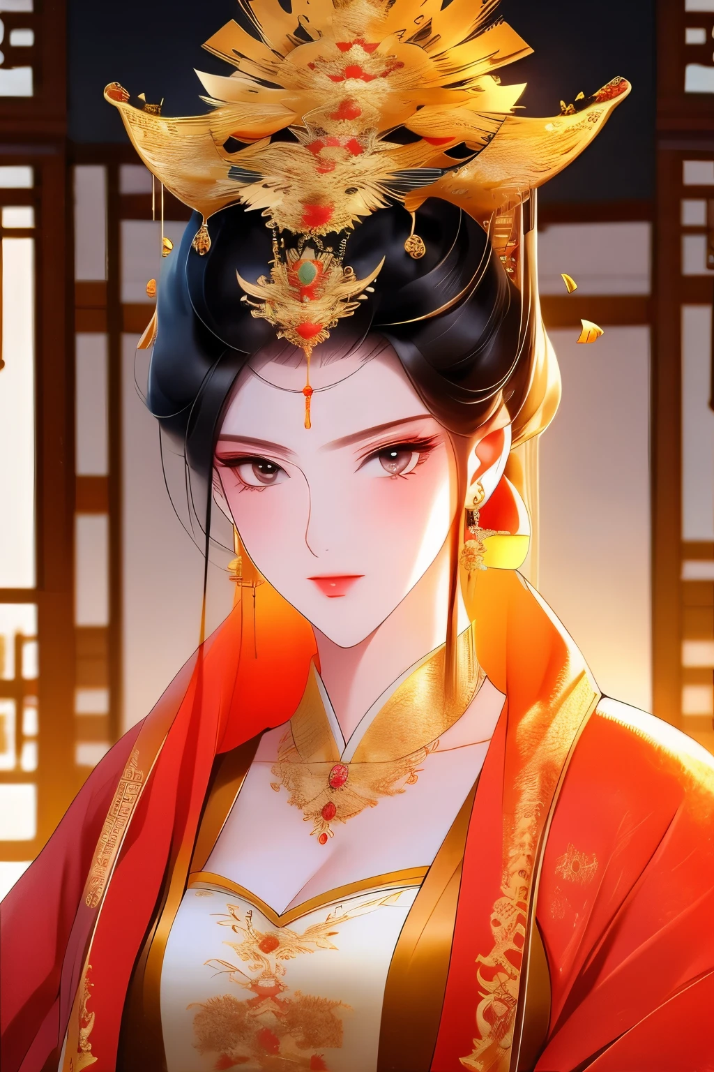 A woman in a red and gold dress with a gold crown - SeaArt AI