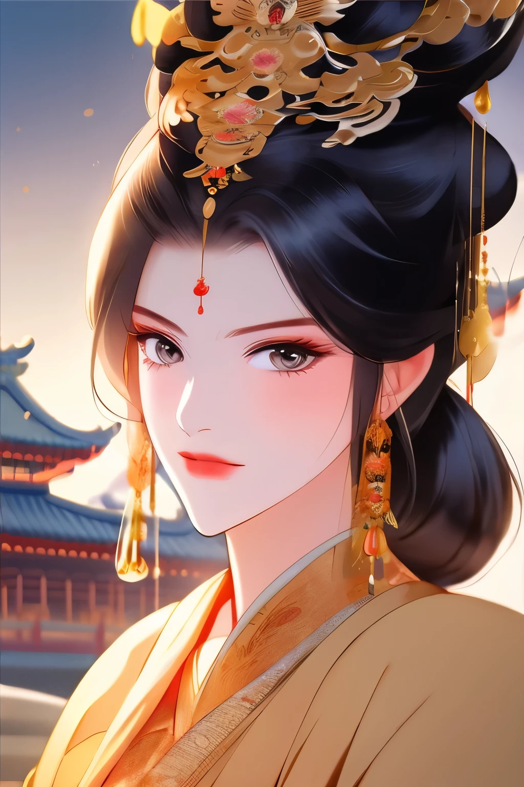 Best quality at best,tmasterpiece,16k,A 40-year-old woman,Women pay attention to beautiful Chinese style clothes,natta,rays of moonlight,Asian architecture,Elaborate Eyes,Detailed faces,