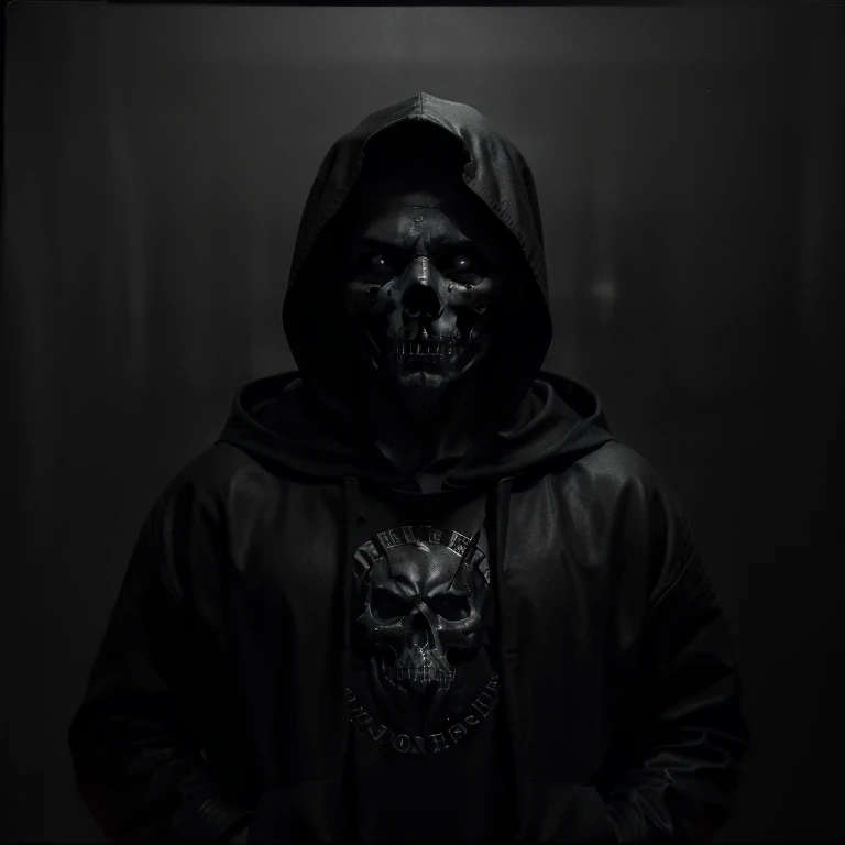 (best quality:1.2, 8k:1.2),dark style portraits, 3 men and 1 woman wearing masks and hoods,rock band CD cover,gritty black and white,moody lighting,cinematic shadows,high contrast,dramatic expressions,meticulous details,rough textures,edgy atmosphere,hauntingly beautiful composition,????-inspired,depth of field effect,monochrome film grain,artistic monochrome,ominous ambiance,???? lighting,expressive eyes,smoke and fog,mysterious poses,strong character presence,hidden identities,musical instruments in the background,skull motif,gothic elements,grunge aesthetic,album title in bold typography,intricate calligraphy,underground vibe,band logo in metallic silver,textured background with cracks and scratches,eerie atmosphere.