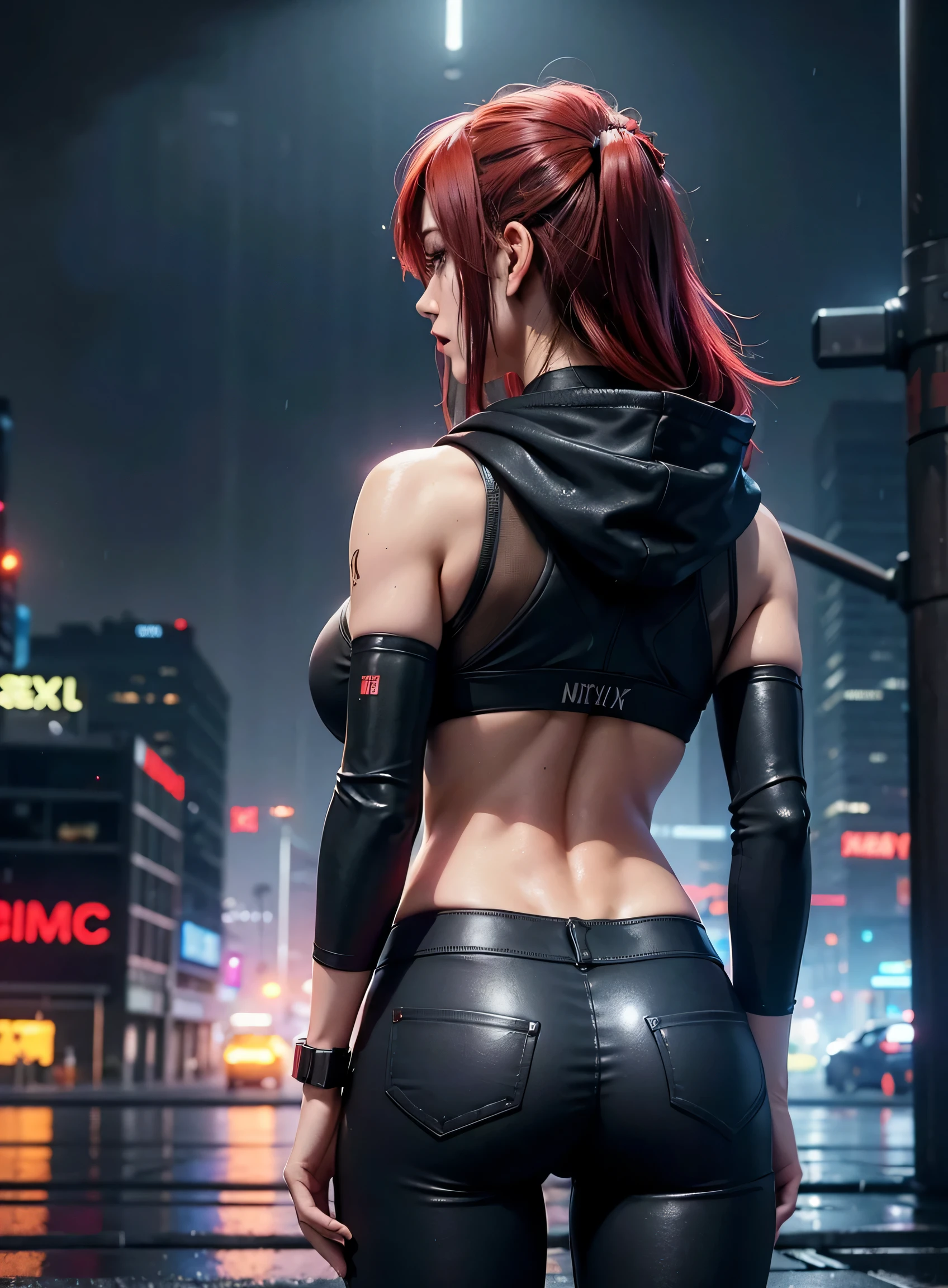 sfw, best quality, masterpiece, cinematic, realistic, cyberpunk, cyberpunk city, neon, volumetric lighting, black sky, (raining, thunderstorm), 1girl, (cyberpunk clothing, hoodie, pants, punk clothelowing red hair), water reflecting off ground, from behind, ((hidden face)),, wearing bra,((skinny waist)), young asian girl, ((big boobs)),