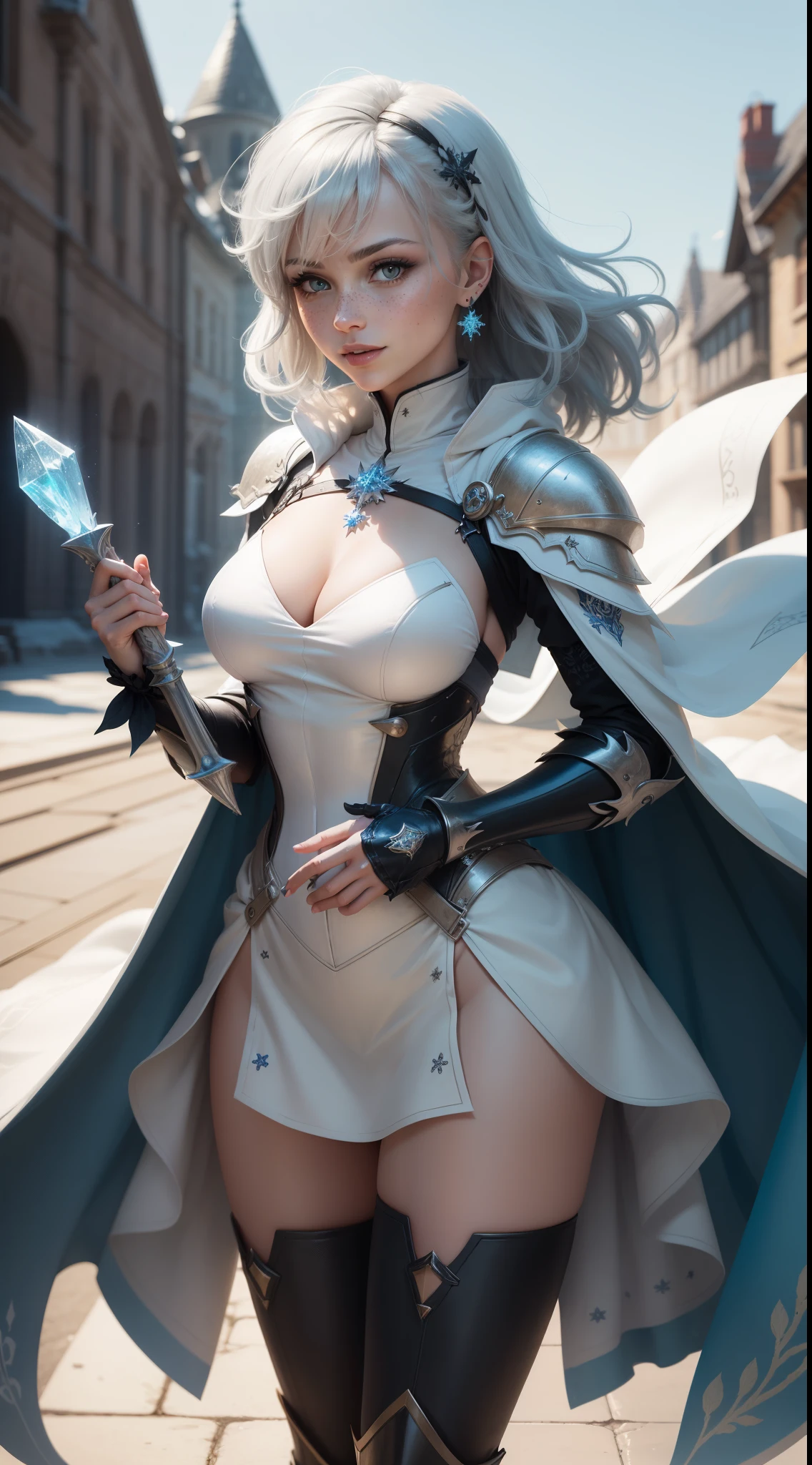 Blue hair,Nice face,blue bikini armor,Heterochromatic pupil,ssmile,rays of sunshine,Full body photo,the soft light