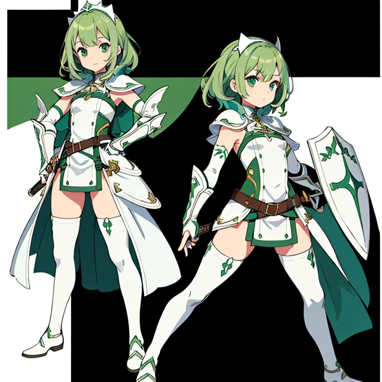 1girl, sword, holding sword, gloves, white background, full body, solo, gauntlets, multiple views, white cape, small shield, holding shield, thigh high, ((dark green hair)), wavy hair,