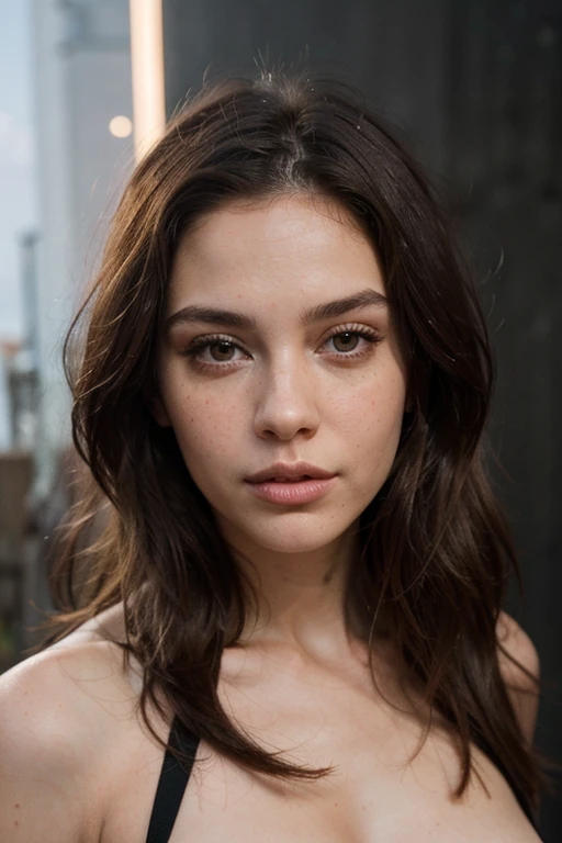 ((best quality)), ((masterpiece)), (detailed), perfect face realistic photo of beautiful woman with long dark brown hair, Russian, influencer, light freckles, dark brown eyes, big lips, no makeup, insagram, in a beach standing next to black wall, wearing sexy new years eve