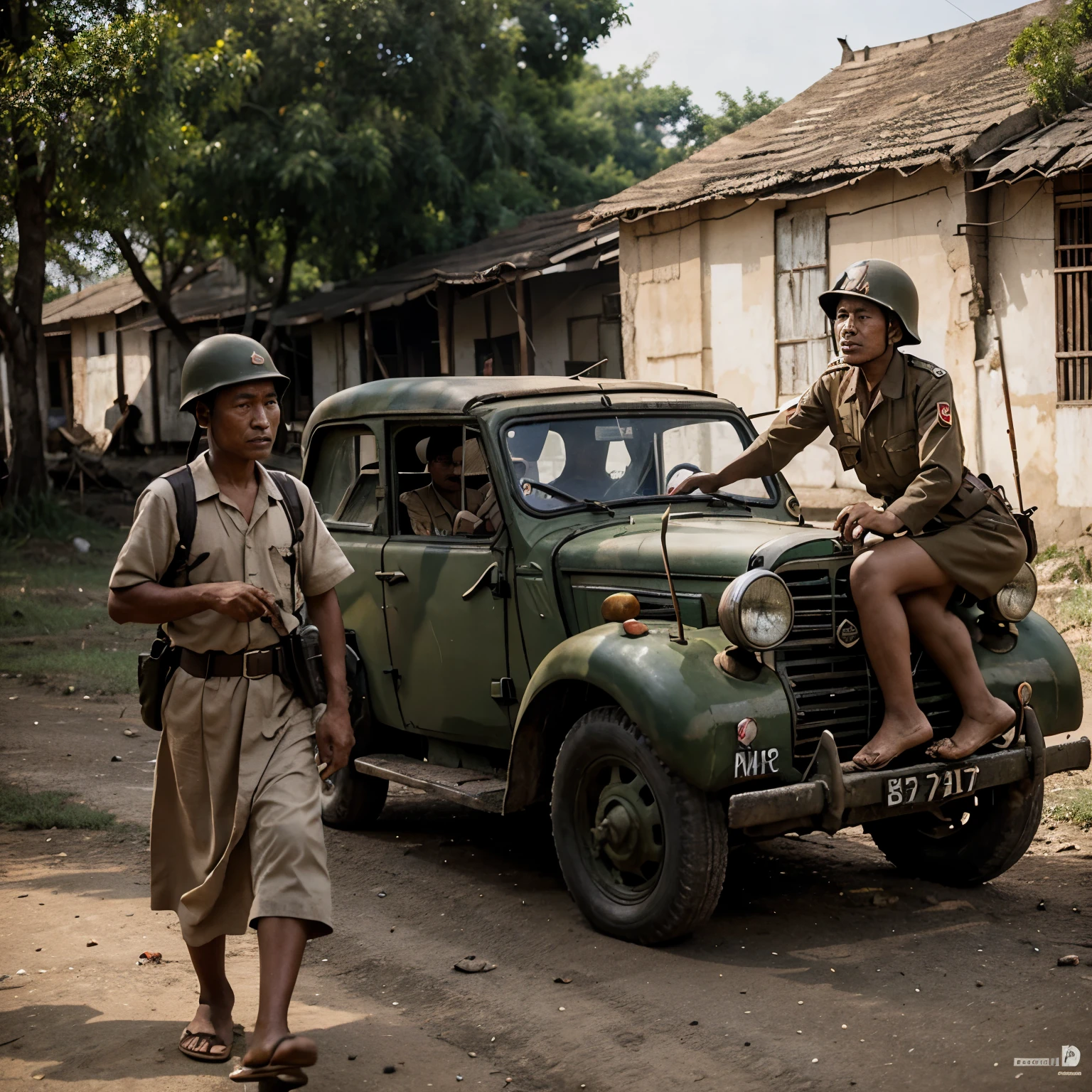 Photograph of a jeep from the 1950s, a soldier and a flower vendor girl, faded color photo, sfw, 
