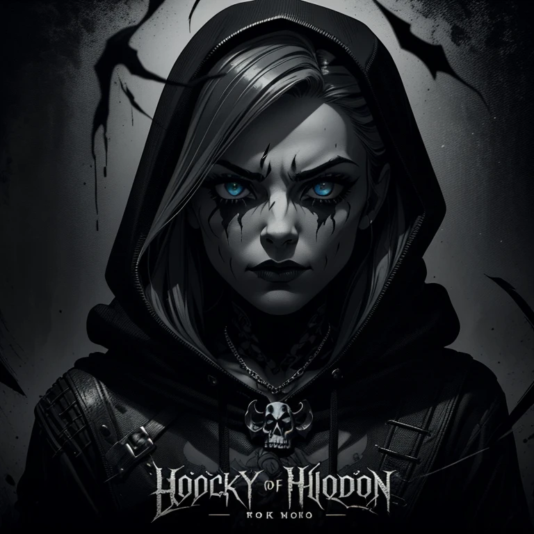 (best quality:1.2, 8k:1.2),dark style portraits, 3 men and 1 woman wearing masks and hoods,rock band CD cover,gritty black and white,moody lighting,cinematic shadows,high contrast,dramatic expressions,meticulous details,rough textures,edgy atmosphere,hauntingly beautiful composition,Noir-inspired,depth of field effect,monochrome film grain,artistic monochrome,ominous ambiance,noir lighting,expressive eyes,smoke and fog,mysterious poses,strong character presence,hidden identities,musical instruments in the background,skull motif,gothic elements,grunge aesthetic,album title in bold typography,intricate calligraphy,underground vibe,band logo in metallic silver,textured background with cracks and scratches,eerie atmosphere.