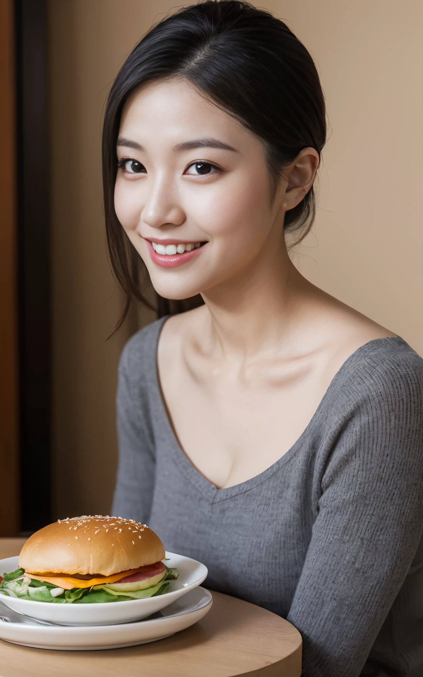 Highly detailed CG Unity 8k wallpaper, With the highest quality, super detailed, ​master piece, Realistic, photos realistic, Very detailed beautiful girl, 25 years old , （Officelady）,  Smile , Round eyes, small udder , looking viewer, Half body shot  , kitchin ,  Breakfast ,  Ponytail　hamburgers