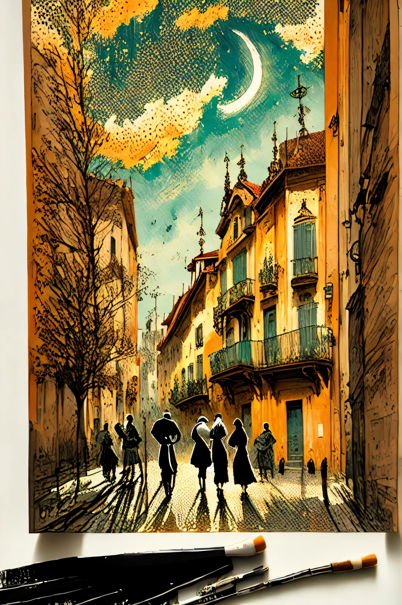 Affiche de style vectoriel Van Gogh (quartier Príncipe Real dans la ville de Lisbonne) en terrasse le soir sur la place de la ville à Lisbonne le soir de Noël avec les décorations de Noël ; peinture naturalisme impressionniste pointillisme couleurs vives avec du contraste, Proche de la perfection, dynamique, Clair de lune, très détaillé, Peinture à l'aquarelle Vincent Van Gogh, illustration, illustrations de Van Gogh, Lisbonne, quartier Príncipe Real dans la ville de Lisbonne, selfie impressionniste pointillisme vue avec décorations lumineuses de Noël avec le style impressionniste naturalisme pointillisme Lisbonne