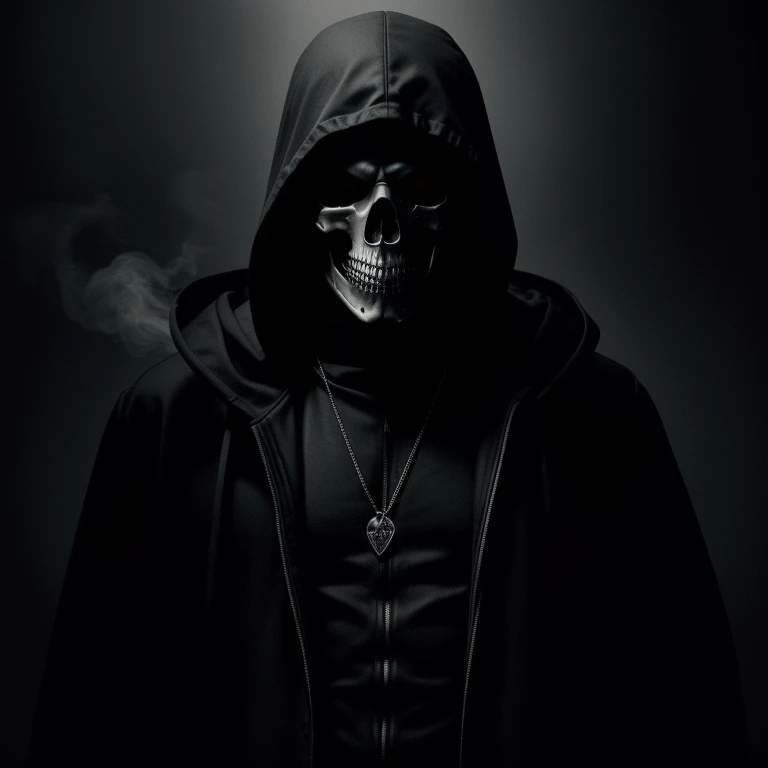 (best quality:1.2, 8k:1.2),dark style portraits, 3 men and 1 woman wearing masks and hoods,rock band CD cover,gritty black and white,moody lighting,cinematic shadows,high contrast,dramatic expressions,meticulous details,rough textures,edgy atmosphere,hauntingly beautiful composition,Noir-inspired,depth of field effect,monochrome film grain,artistic monochrome,ominous ambiance,noir lighting,expressive eyes,smoke and fog,mysterious poses,strong character presence,hidden identities,musical instruments in the background,skull motif,gothic elements,grunge aesthetic,album title in bold typography,intricate calligraphy,underground vibe,band logo in metallic silver,textured background with cracks and scratches,eerie atmosphere.