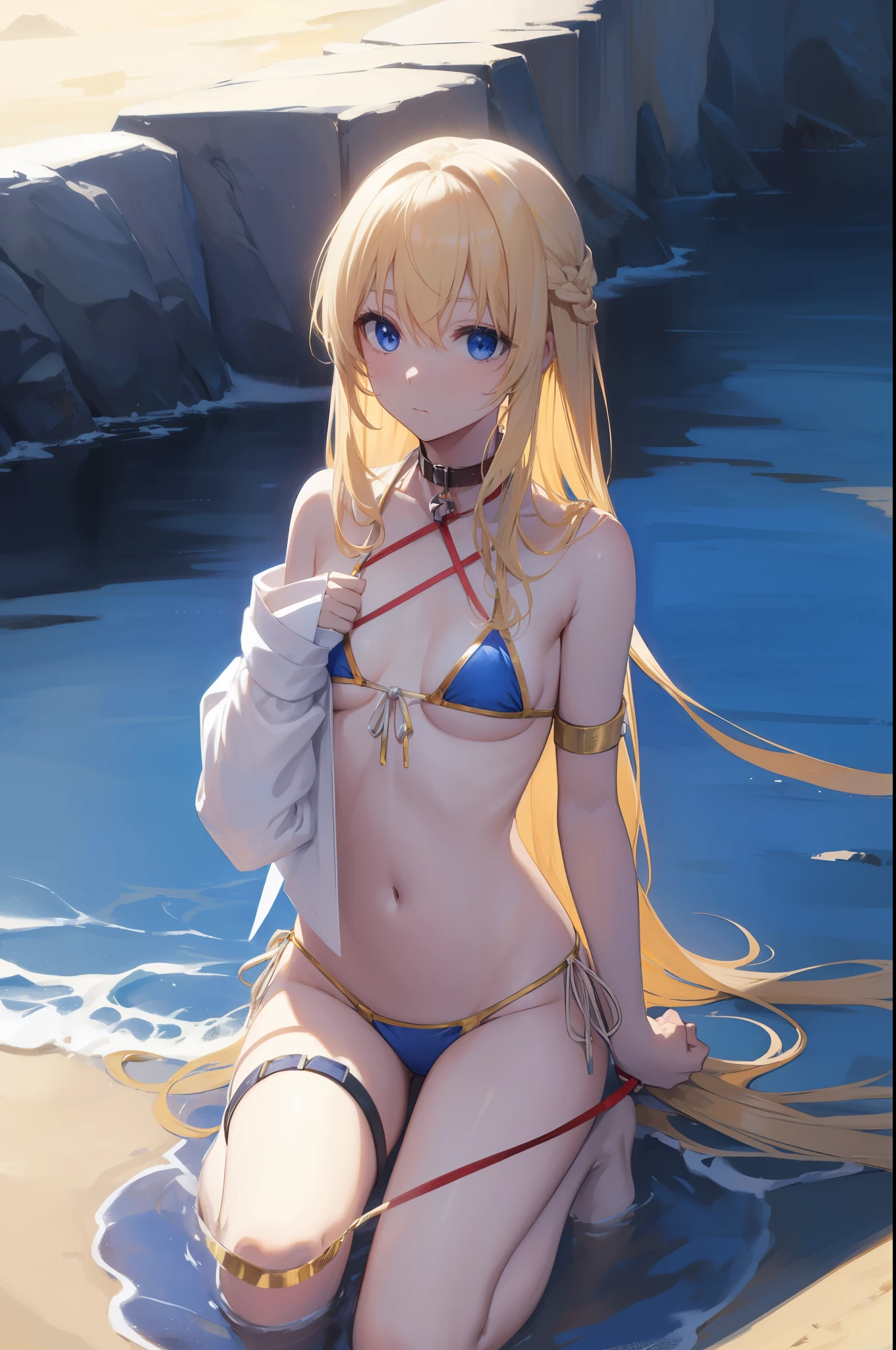 priestess, blonde hair, blue eyes, long hair, hair between eyes,((bikini)),((tied wrists)),(collar), (leash)