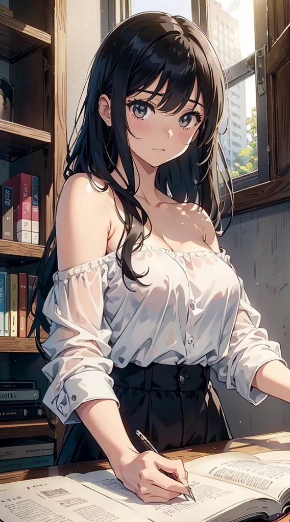 （tmasterpiece），（best qualtiy），（ighly detailed），（illustratio），（超A high resolution）one girls，Off-the-shoulder clothing，ssmile，(Off-the-shoulder clothing)，tutor，black colored hair，Straight long hair，white  shirt，Mature Woman，40-year-old woman，Large breasts，scowling，top-down view，up close shot，Write homework，inside in room，bookcase，a desk