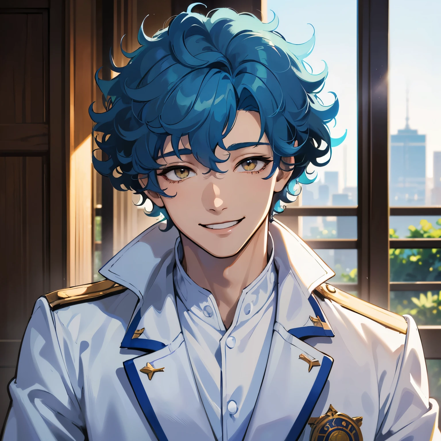 (high quality anime style illustration), a young man with a (happy smile) and ((curly blue hair)), ((bright white eyes)), (warm and inviting portrait) with great attention to detail, city morning, blurry foreground, brown trenchcoat, dappled sunlight