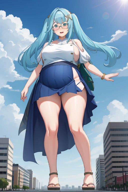 Giant maiden,Moe two-dimensional style,Pregnancy status,Round belly, Huge breasts, Thick thighs, Thicc,Gaze at the bustling city, Lying down, Burp, Burping, Really loud Burp, Glasses, Yukata, Embarrassed, Full body