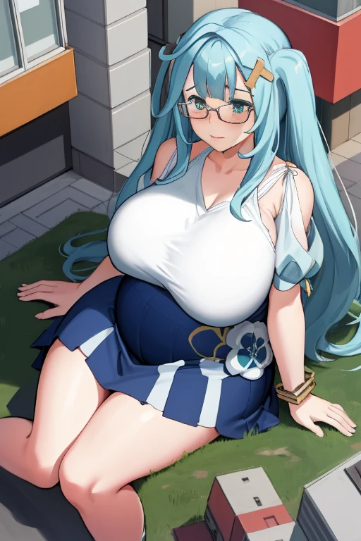 Giant maiden，Moe two-dimensional style，Pregnancy status，Round belly, Huge breasts, Thick thighs, Thicc，Gaze at the bustling city, Lying down, Burp, Burping, Really loud Burp, Glasses, Yukata, Embarrassed, Full body