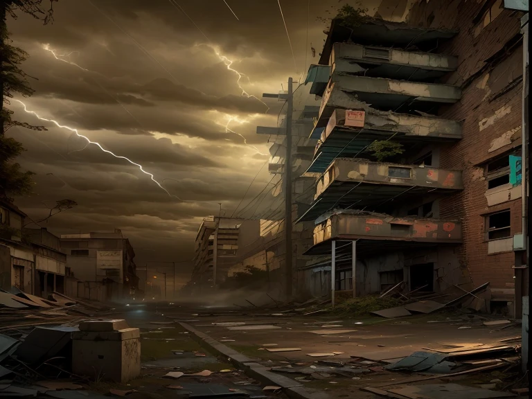 (Illuminations,Doomsday City,abandonado,distopic,Futuristic,atmosfera escura,undergrowth,ruas desoladas,Ruined building,parede preta,janelas quebradas,Debris was strewn everywhere,Create an atmosphere of desolation and chaos. ),[Sobrevivente do Steampunk,capa de vento,gas masks,Brass decoration,Engrenagens e engrenagens,]，Dimly lit sky,Nuvens sinistras se unem,Dazzling lightning bolts,desesperar-se,Unforgettable silence,Lost hope,Disease epidemic.sepia color palette,contraste intenso,Moody Lighting.(best quality,A high resolution,master part:1.2)